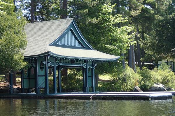Japanese style boat house on lake