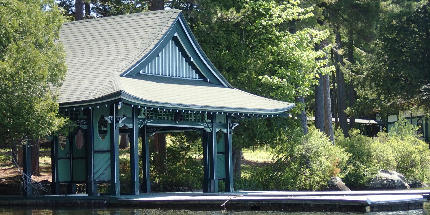 Japanese style boat house on lake