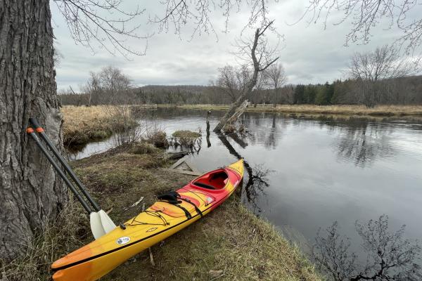 Kayak on shore of Saranac River